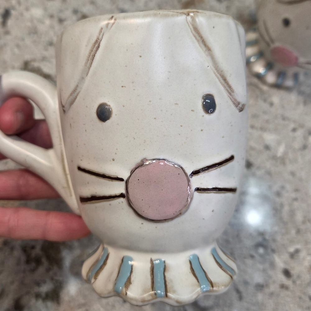 Mud Pie Bunny Mug Ceramic Easter Rabbit Speckled Stoneware Cream Blue Pink Farm